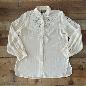 Bob Mackie Wearable Art Silk Embroidered Blouse | Women's Medium | Cream | Lace